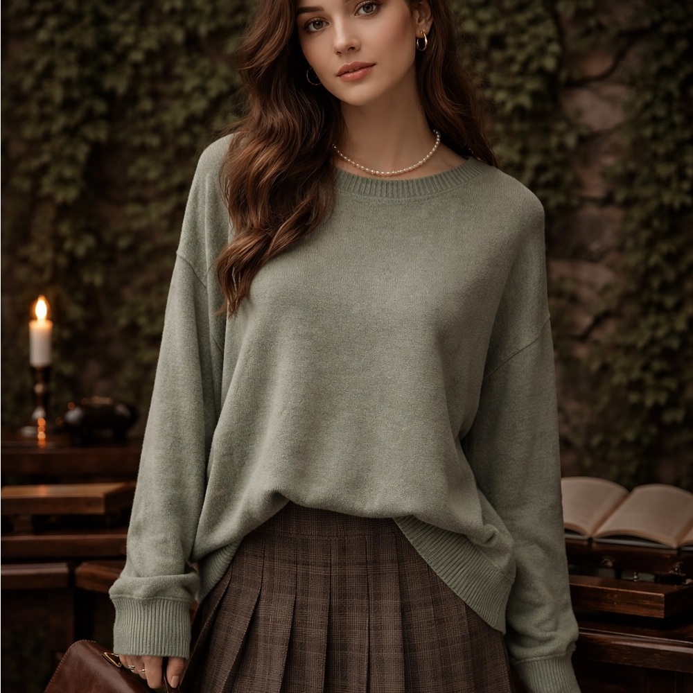 78 & SUNNY Dark Academia Sage Green Dolman Sleeve Spring Sweater, XL - Picture 2 of 14